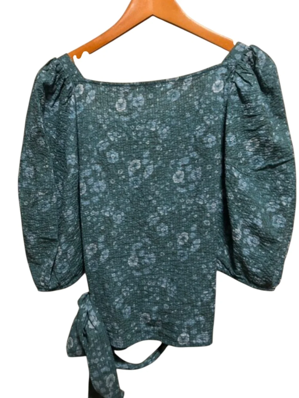 Madewell Teal Floral Puff-Sleeve Wrap Blouse